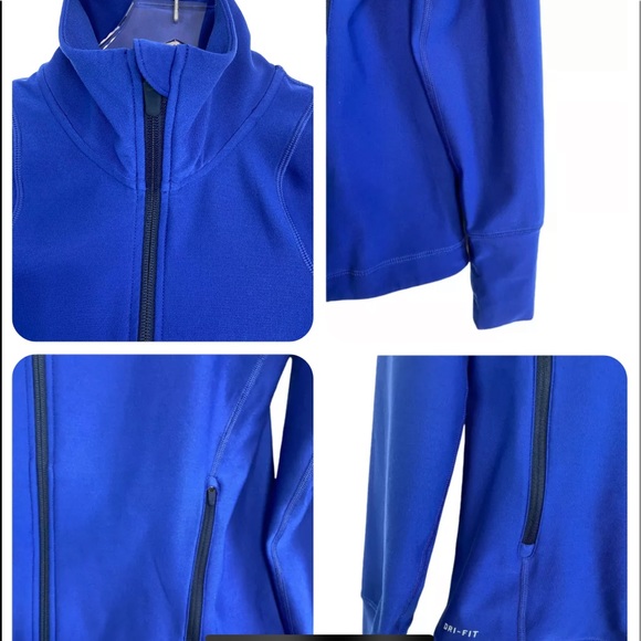 WOMENS NIKE DRI FIT BLUE ZIP UP JACKET W/THUMBHOLES LOGO ON SLEEVES SIZE L - Picture 4 of 8
